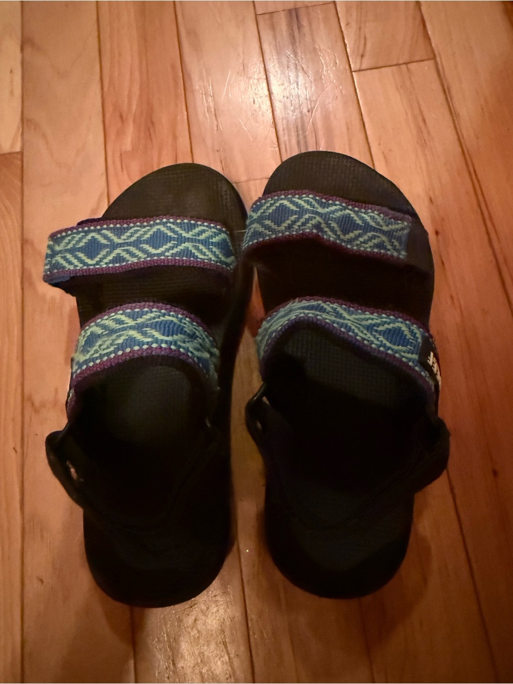 Reef Women's Black Sandals with Blue and Purple Patterned Straps